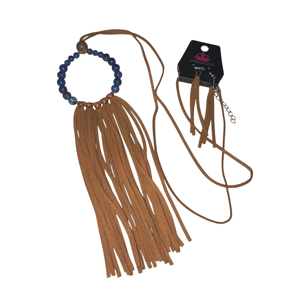 NWT Paparazzi Brown Faux Suede Fringe Necklace and Earrings Set Blue Beaded Boho